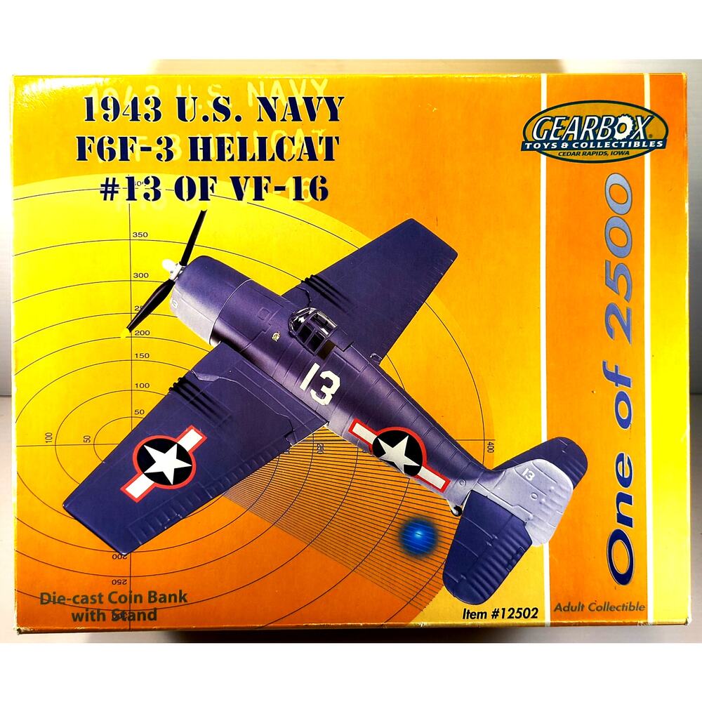 Gearbox Toys 1943 US NAVY F6F-3 HELLCAT #13 of VF-16 Coin Bank With Stand, Usedt